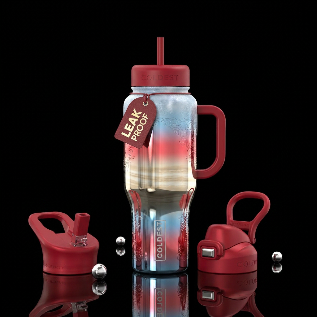 Red, blue, creamy, horizontal, icy on top,, vintag... water bottle design