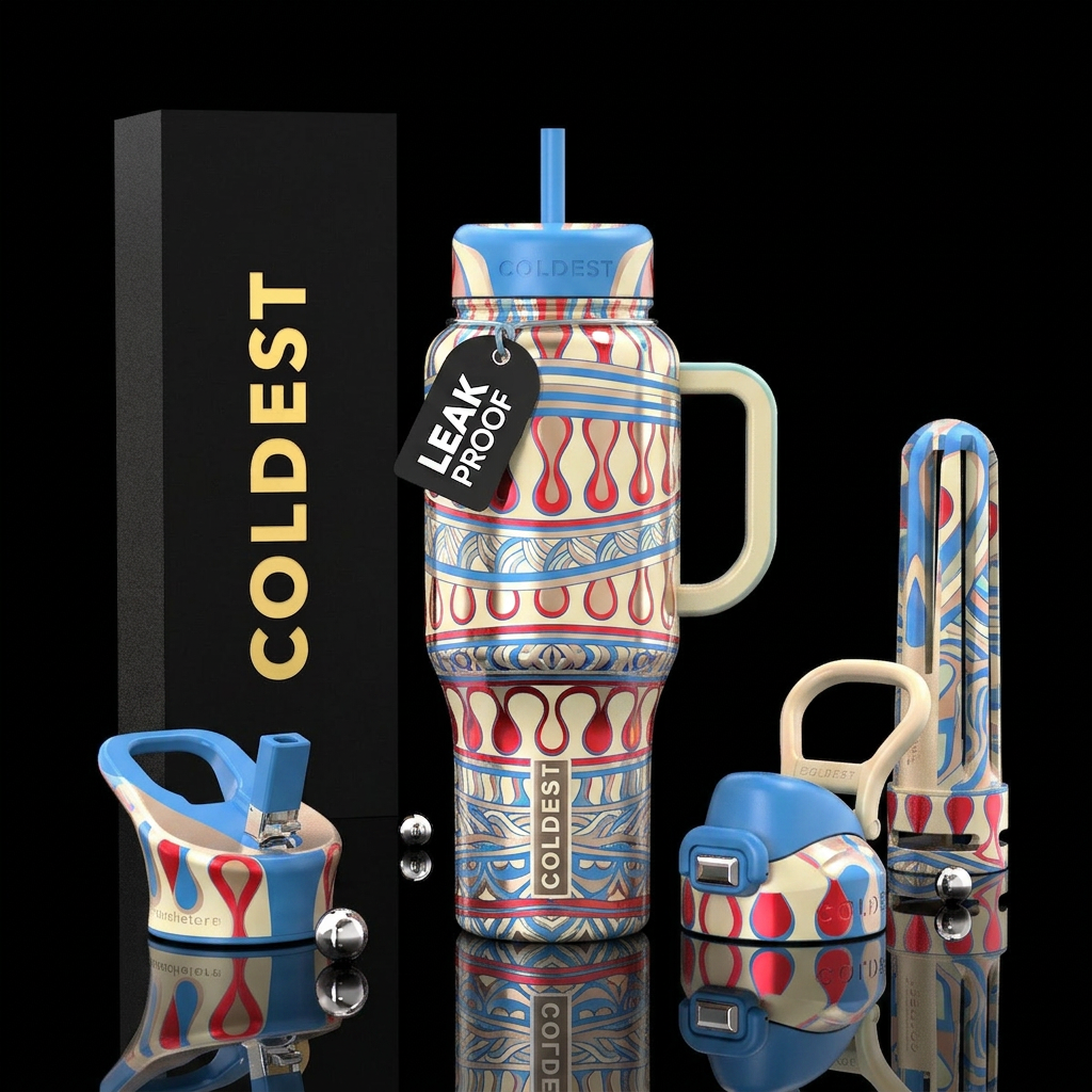 Red, blue, creamy, red liquid drop, horizontal, vi... water bottle design