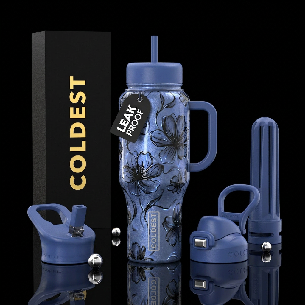 Ashy Cobalt blue, black hand drawn flowers in glos... water bottle design