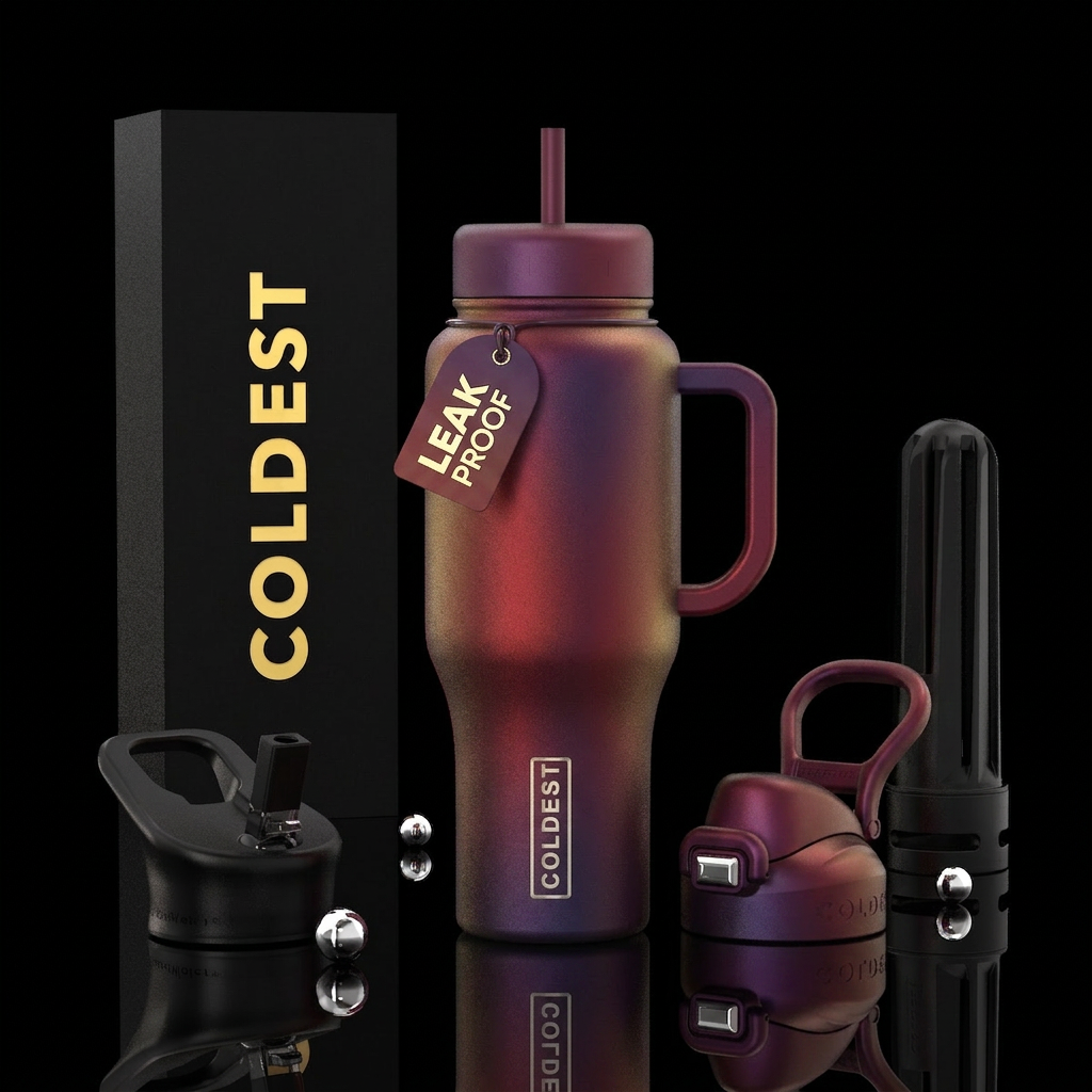 Rocketship alloy, red and purple with gold hues, m... water bottle design