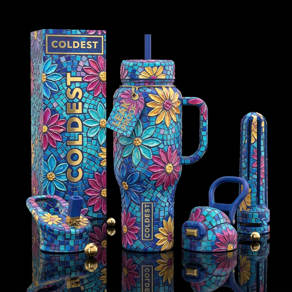 Raised paint creating lifted mosaic flowers water bottle design