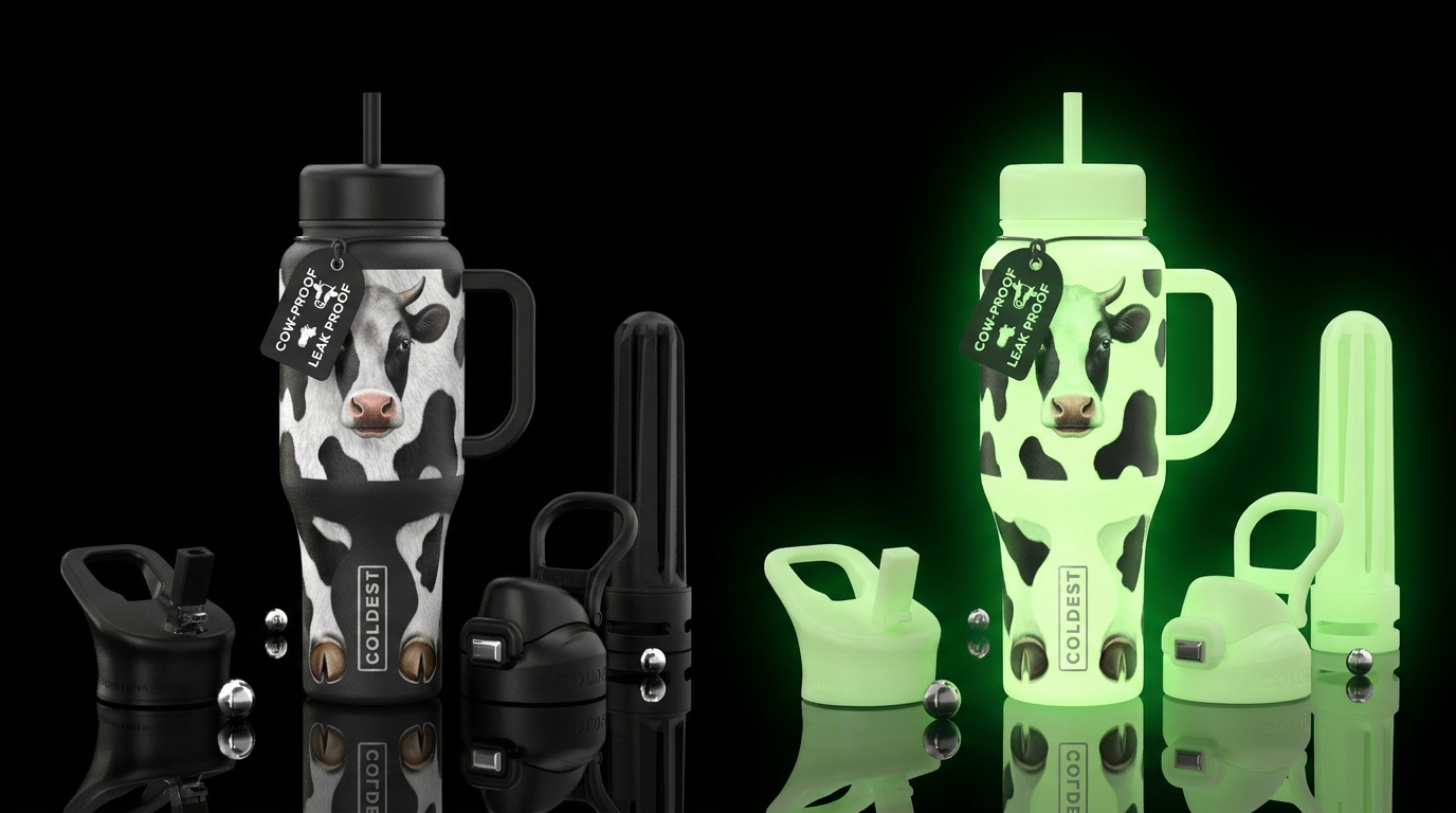 Black and white cow face, with hooves, have theswh... water bottle design