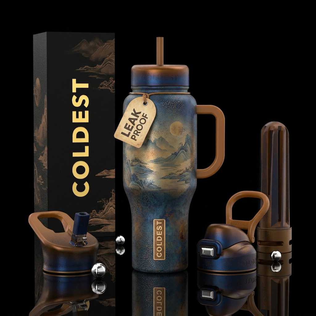 Deep blue, amber, bronze, serene, oxidized, stippl... water bottle design