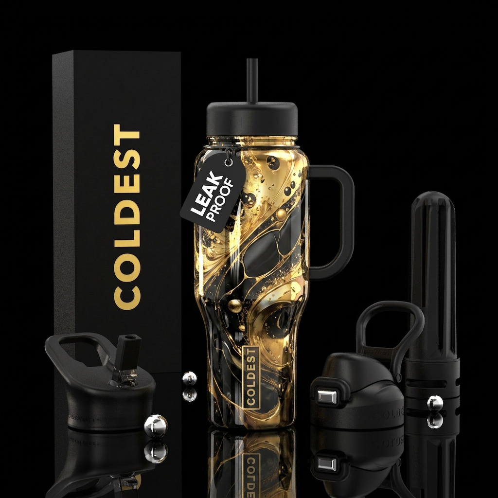 Gold Luna, black onyx , shiny,, explosive, vintage... water bottle design