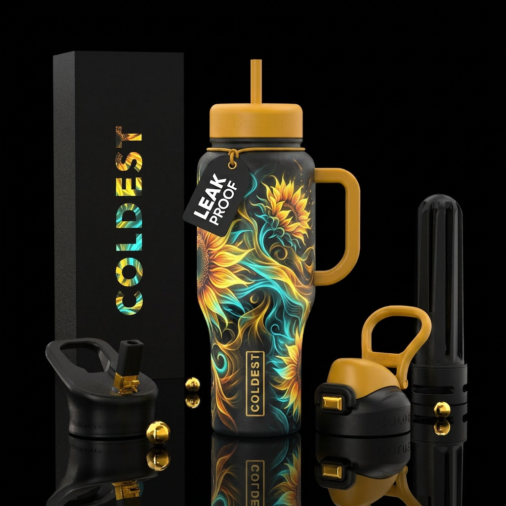 bioluminescent, chaotic, neon, fluid, fantasy, gen... water bottle design