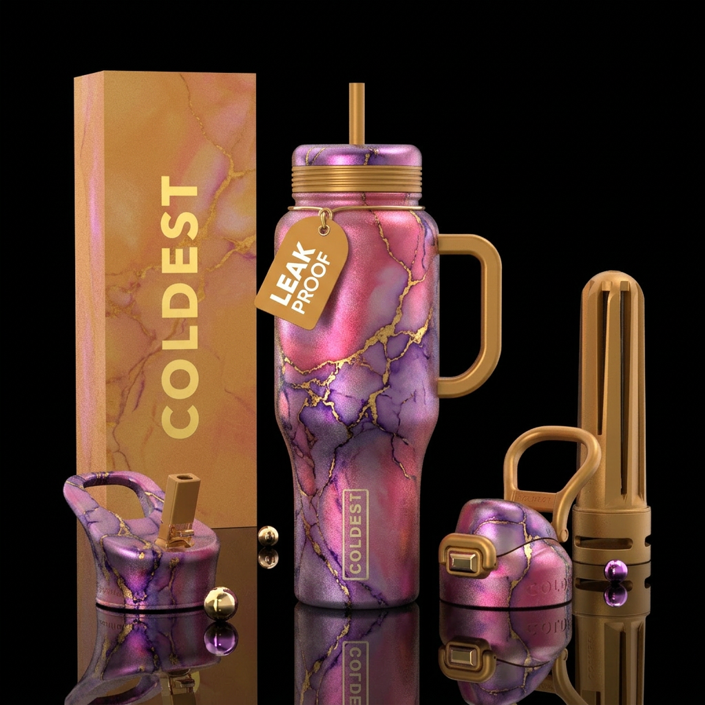 Pink Luna, with pink lid and handle, gold and purp... water bottle design