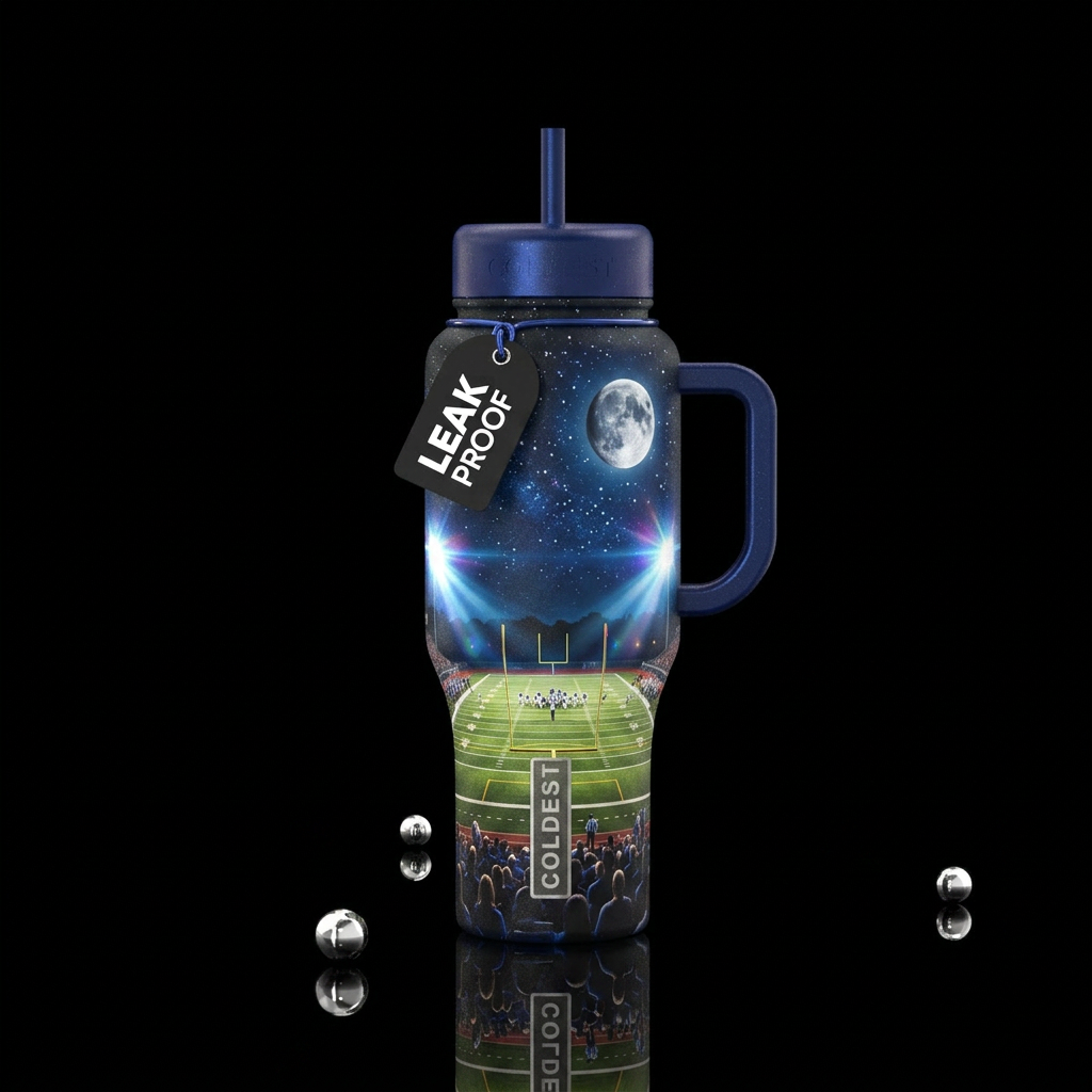 Friday night lights at high school football, brigh... water bottle design