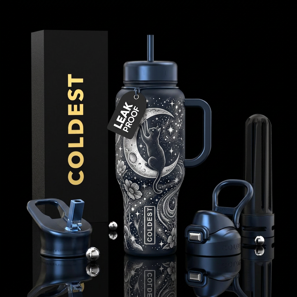 Hanging black cat on a Large crescent moon with br... water bottle design