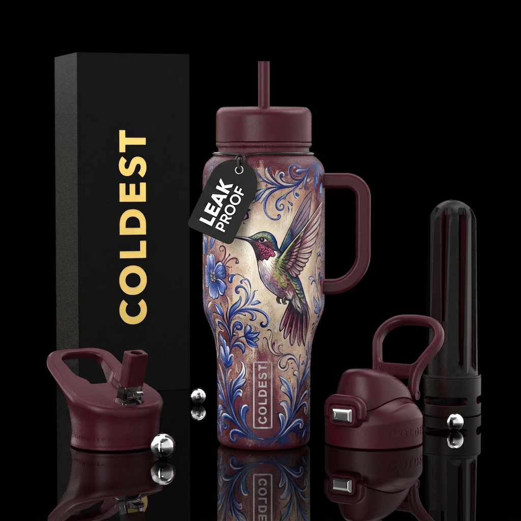 hummingbird, realism, extravagant, hand drawn, bur... water bottle design