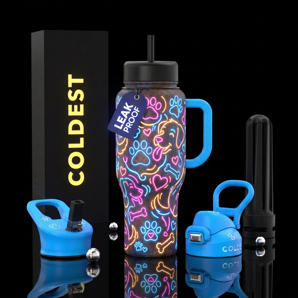 Puppy love, tails, licks, paws,, neon, vibrant, ru... water bottle design