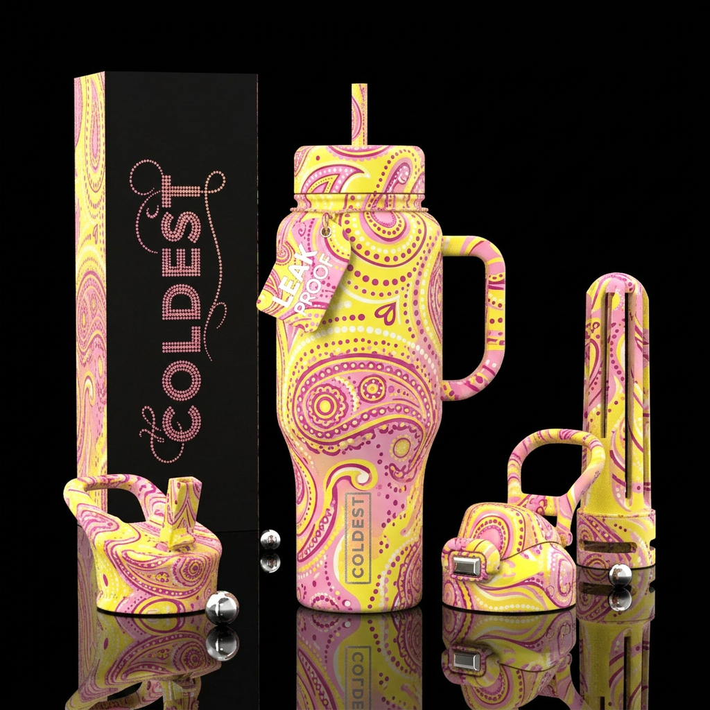 Lemon yellow, bubblegum pink, paisley, dot art, ab... water bottle design