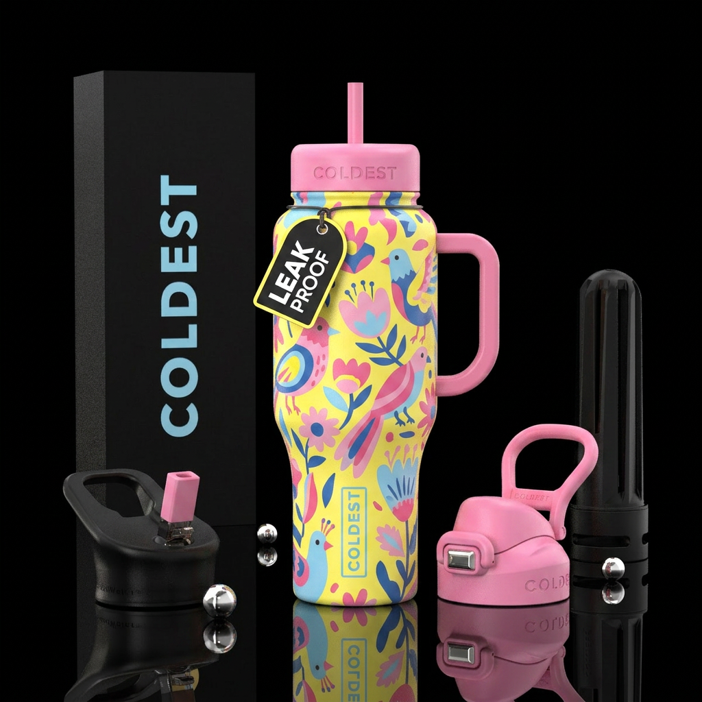 Lemon yellow, bubblegum pink, birds and flowers, B... water bottle design