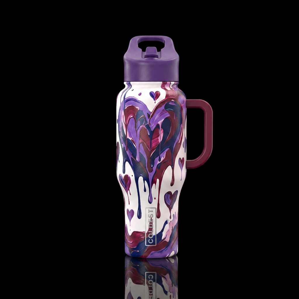 Giant painted heart, melting, tiny hearts, bold, p... water bottle design