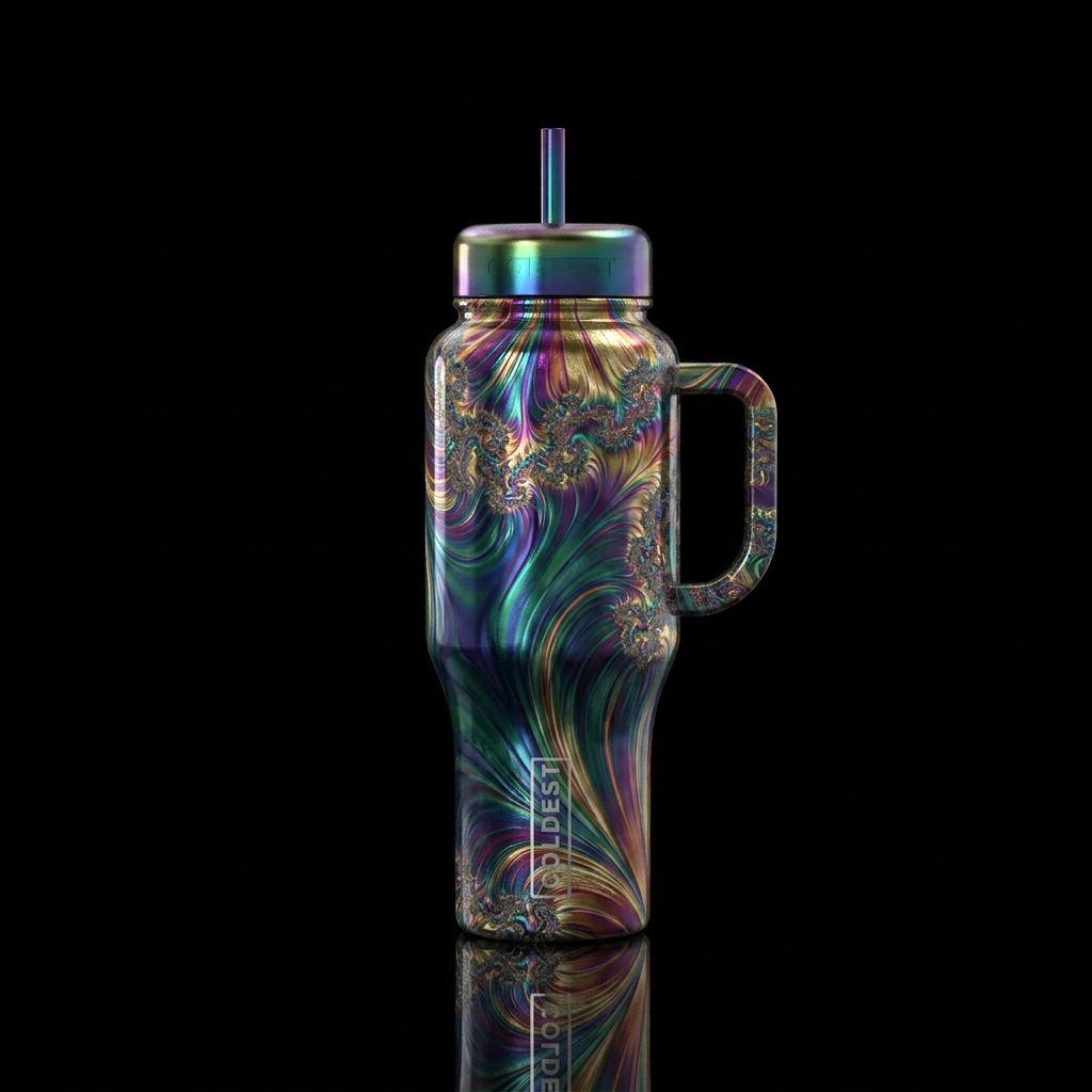 extravagant, fractals, cloud city, rainbow, metall... water bottle design