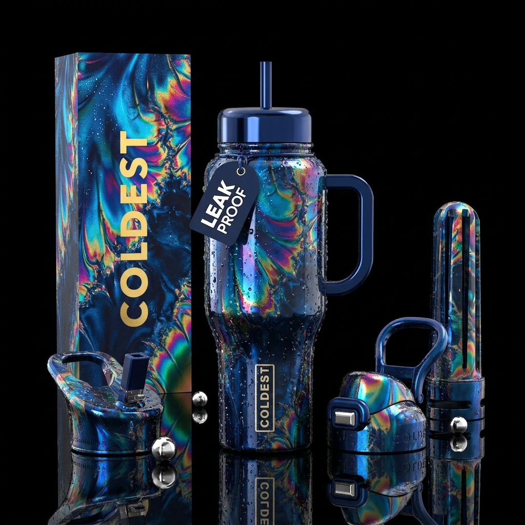 extravagant, fractals, rainbow, wet, bubbles, meta... water bottle design