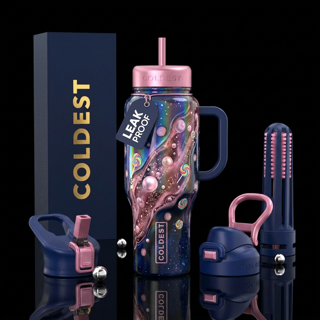 , rainbow, pink, bubbles, metallic, smoothie, luxu... water bottle design