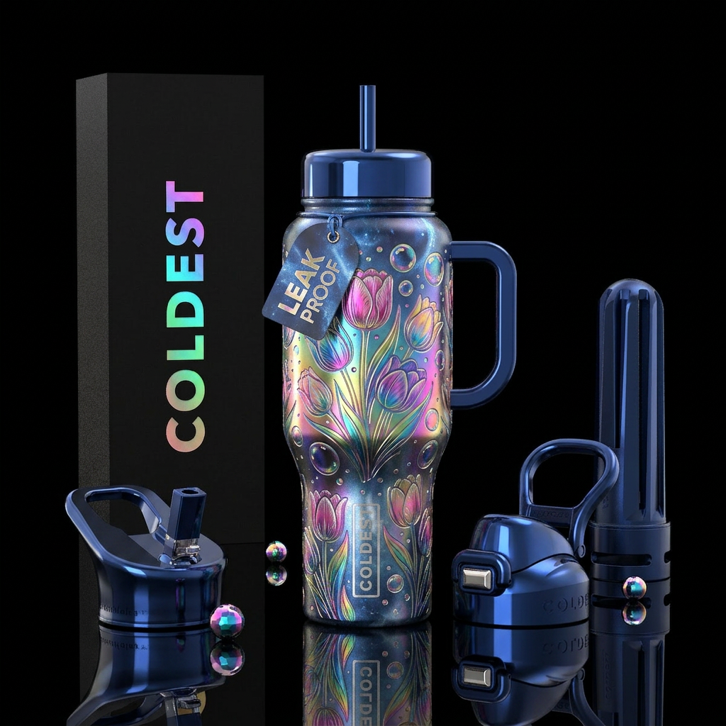, rainbow, tulips, pink, bubbles, metallic, smooth... water bottle design