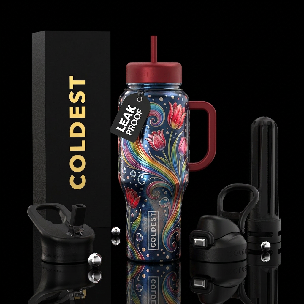 , rainbow, tulips, red, pink, bubbles, metallic, s... water bottle design