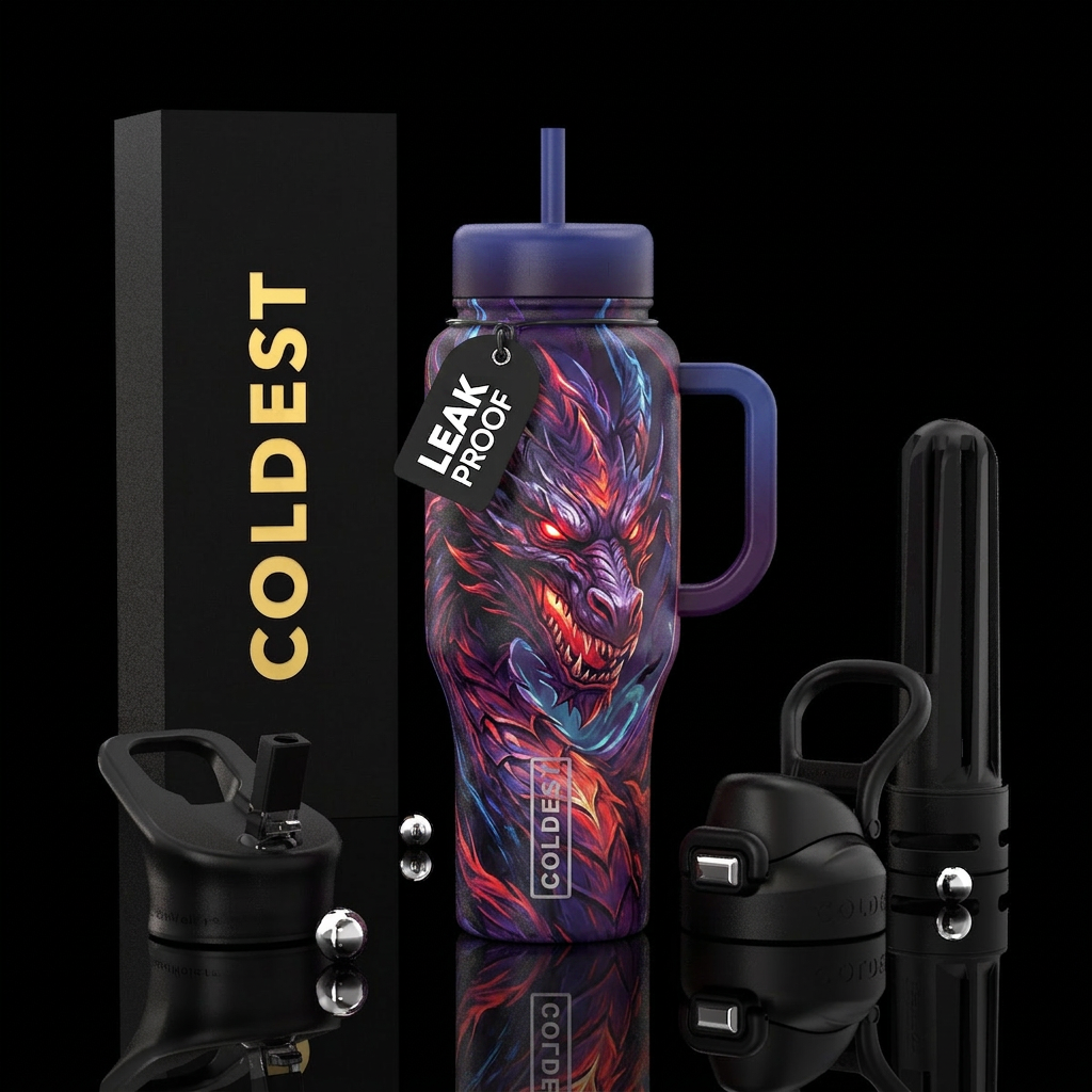 Up close, detailed head and body, red eyes, firey,... water bottle design