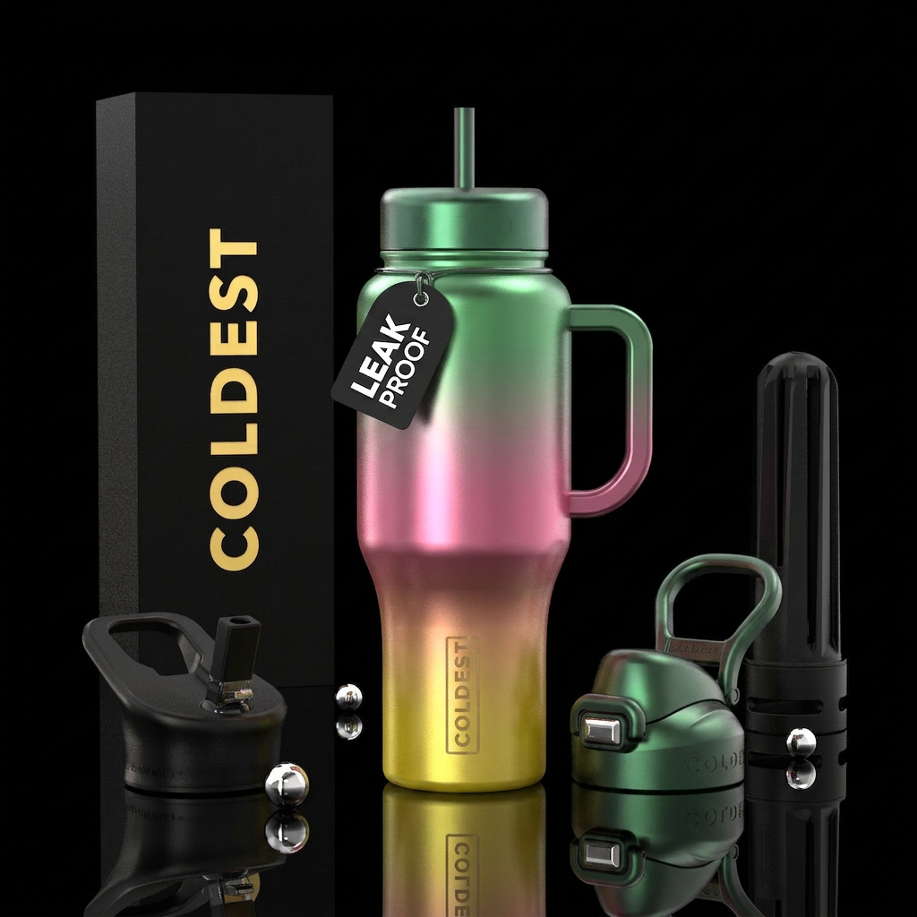 Green, pink, yellow vertically blended, metallic, water bottle design