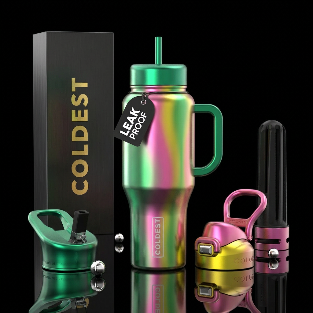 Green, pink, yellow, vertical, blended, metallic, water bottle design