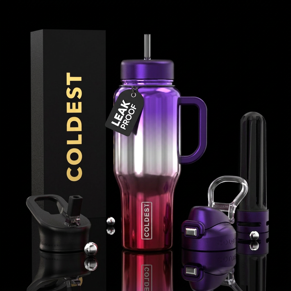 Red, purple, silver, vertical, blended, metallic, water bottle design