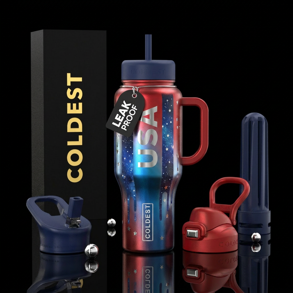 Red, blue, stars, USA, silver, vertical, blended, ... water bottle design
