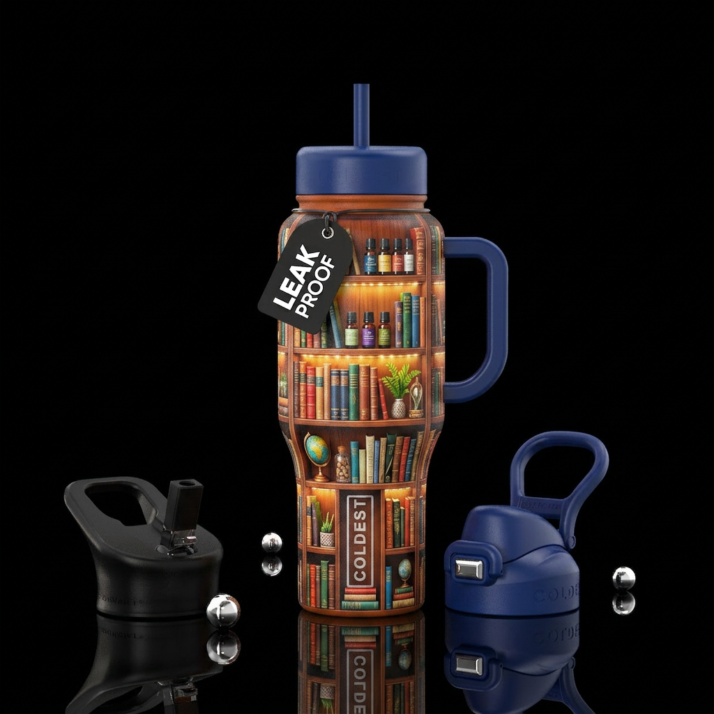 Bookshelves with lights built in, filled with. Oil... water bottle design
