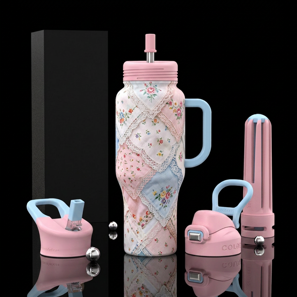 Antique hankies laying over each other, pink lid a... water bottle design