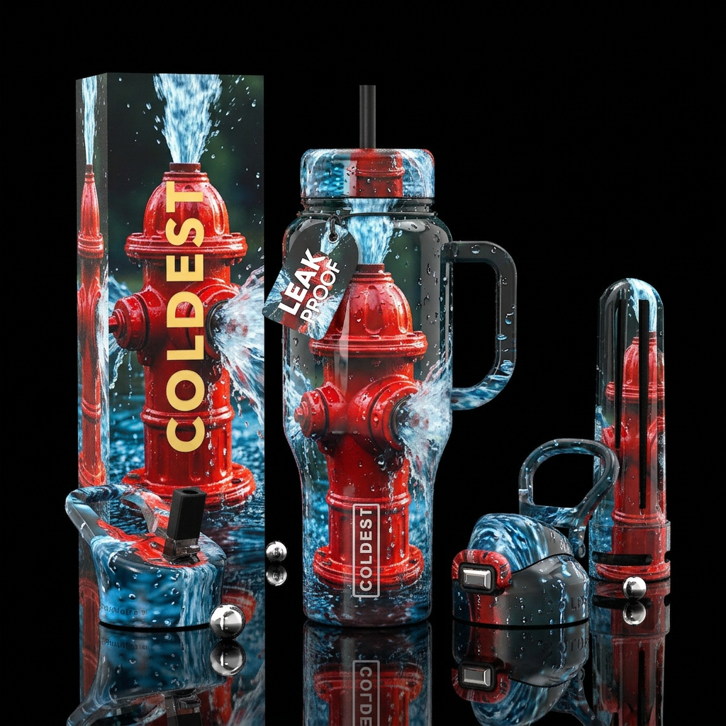 Flooding Red fire hydrant that popped open with hu... water bottle design