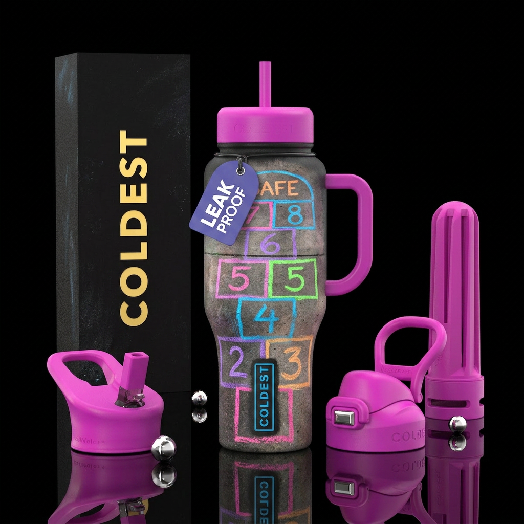 Hop scotch drawn on sidewalk in chalk, chalk art, ... water bottle design
