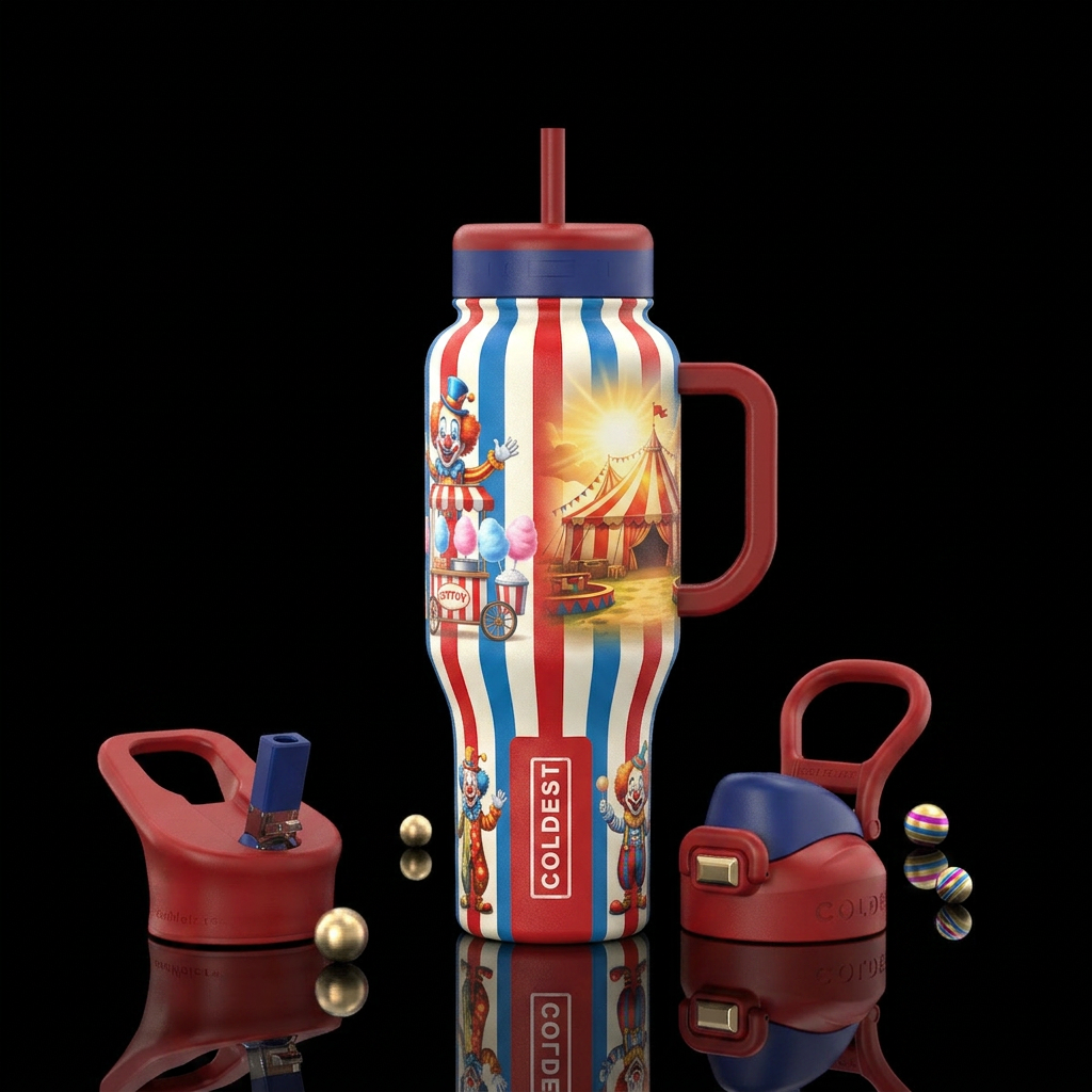 Circus tent, highly detailed, big top, stripes, cl... water bottle design