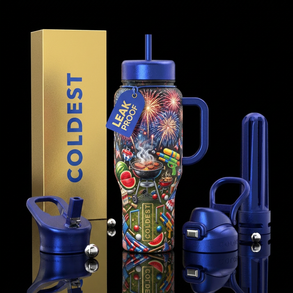 July 4th, no words, realism, bright colors, bbq, c... water bottle design