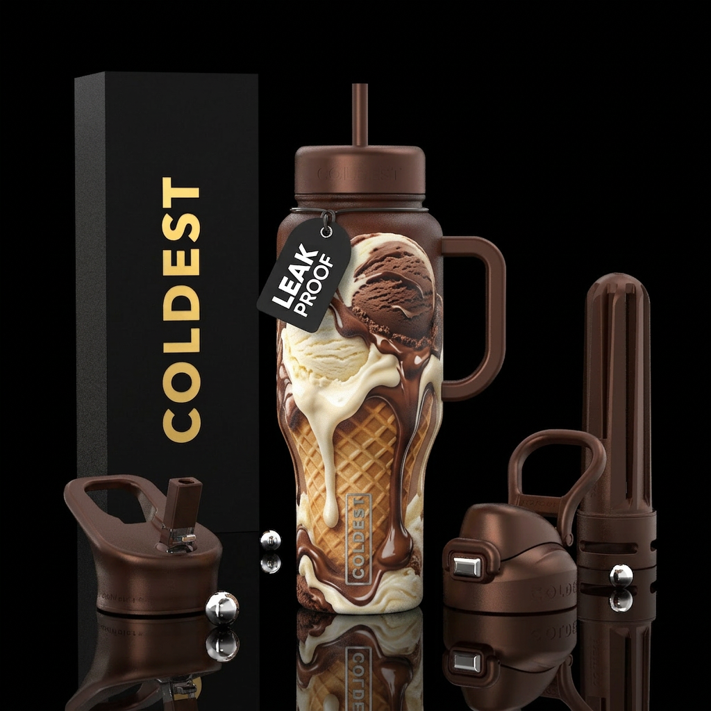 Vanilla and chocolate ice cream cone, melting, sum... water bottle design