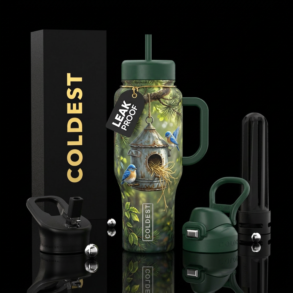 Tin bird house hung in pine tree, straw handing ou... water bottle design