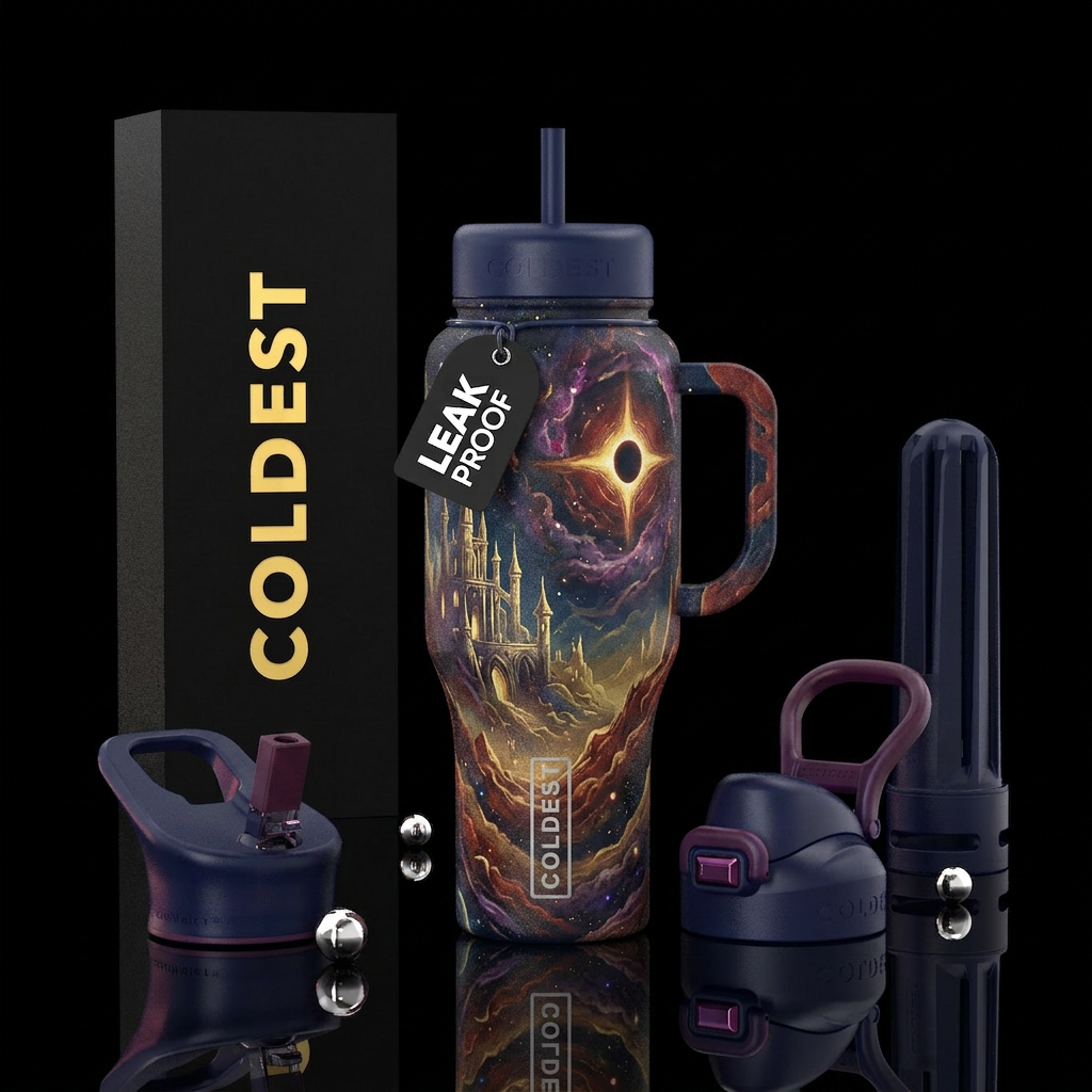 navy, red, gold dim lighting. High detail, partial... water bottle design