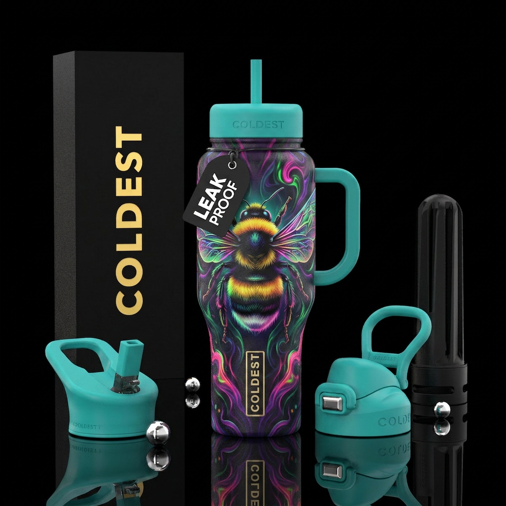 Big bee with, realism, psychedelic wings, lovecraf... water bottle design