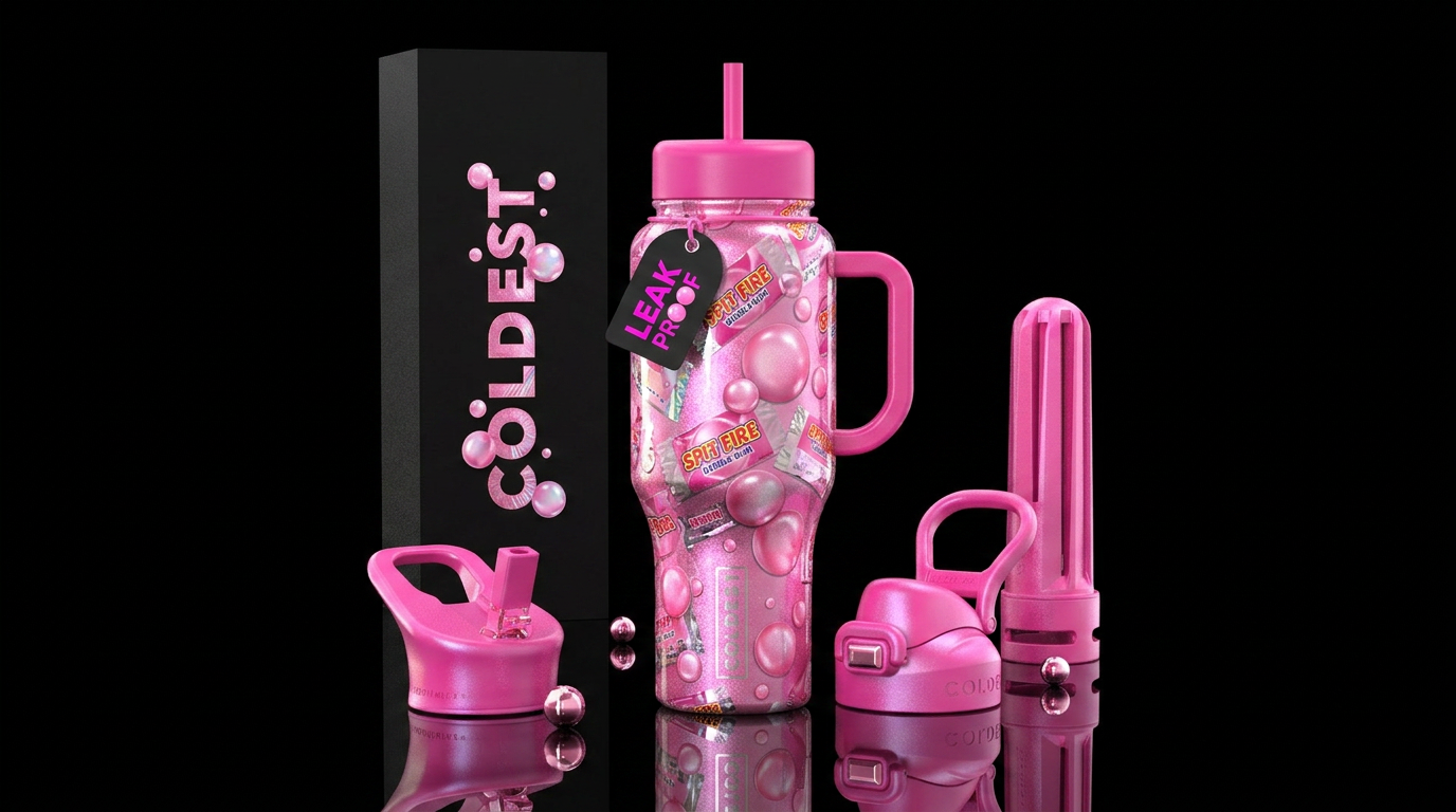 Bubble gum wrapped and pink bubble gum bubbles, pi... water bottle design