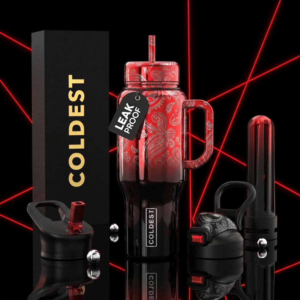 Onyx black, bright red, high shine, silver paisley... water bottle design