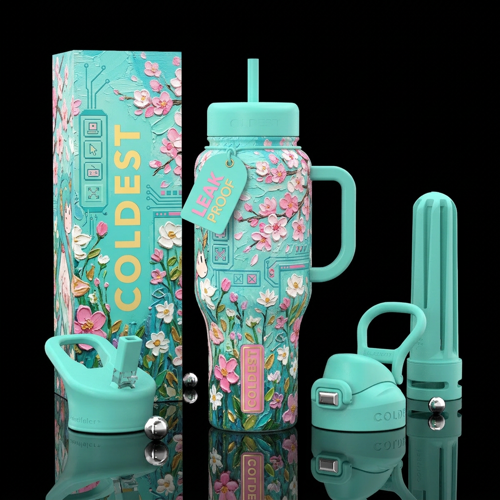 whimsical, retro, interface, aquamarine, anime, sa... water bottle design