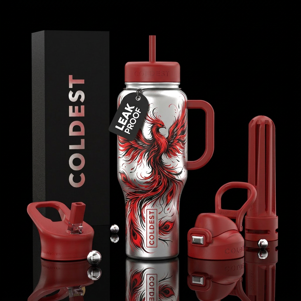 Silver bottle, Phoenix of bright red and black, fi... water bottle design