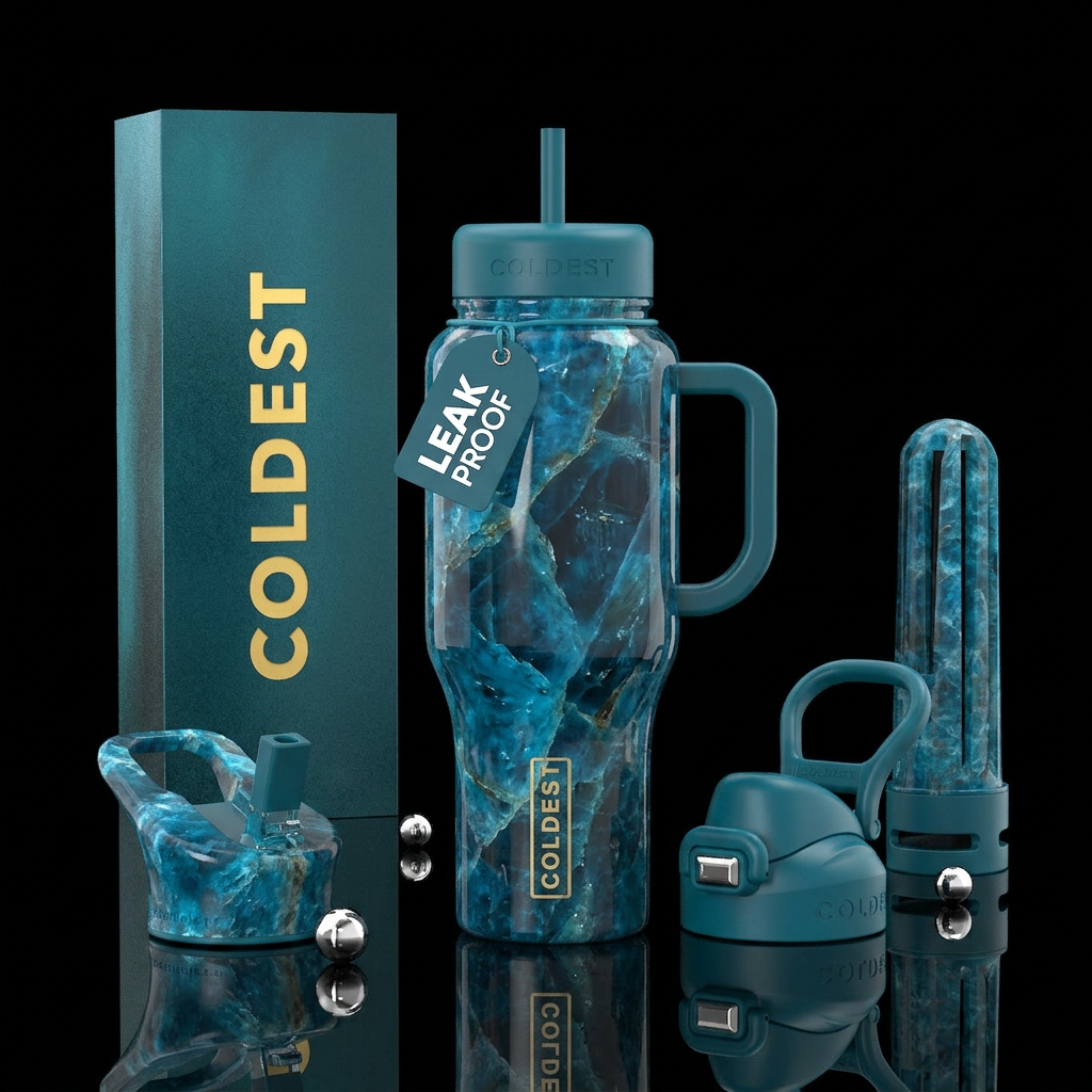 Blue apatite, clarity,, abstract, opulent, teal, b... water bottle design