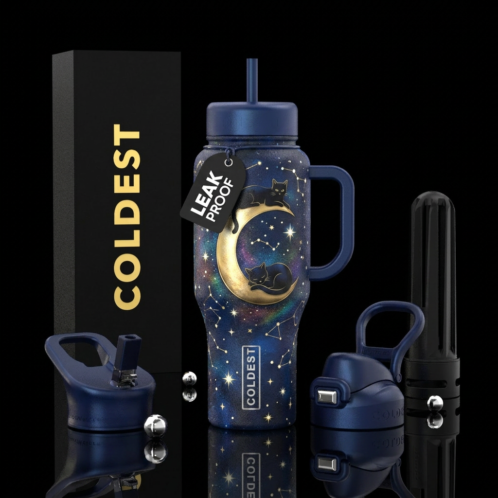 Detailed, Blue night time bottle, realism, gold cr... water bottle design