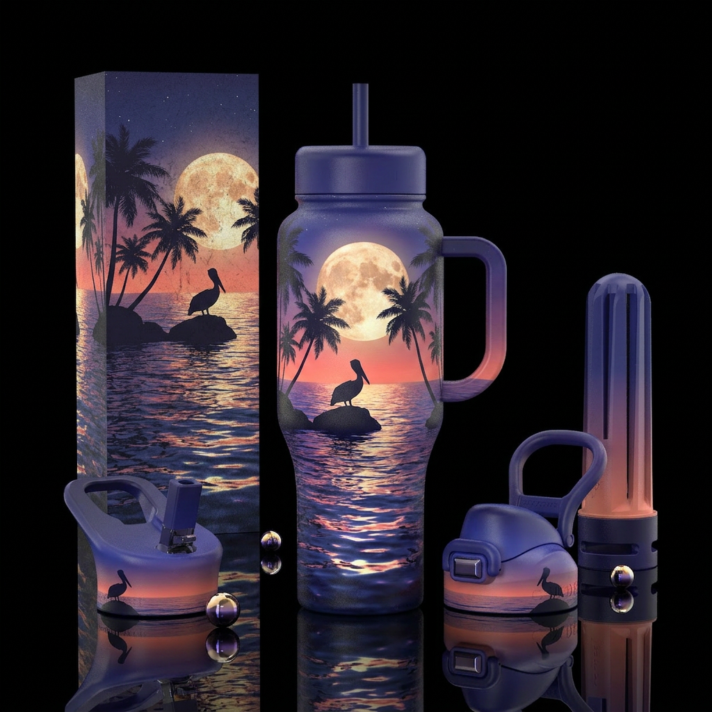 Neon, ocean, palm trees, typography, spritz, fanta... water bottle design