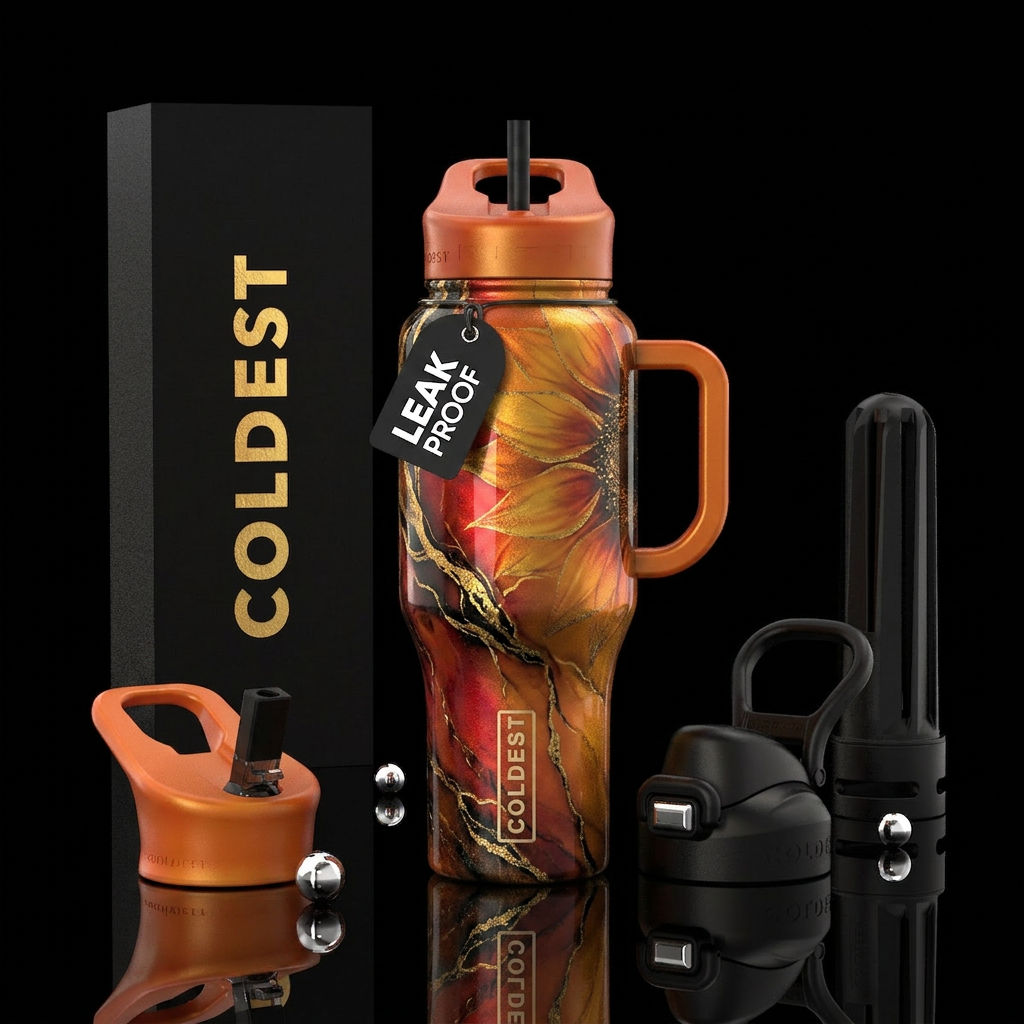 gradient, red, onyx, orange, gold veins,, sunflowe... water bottle design