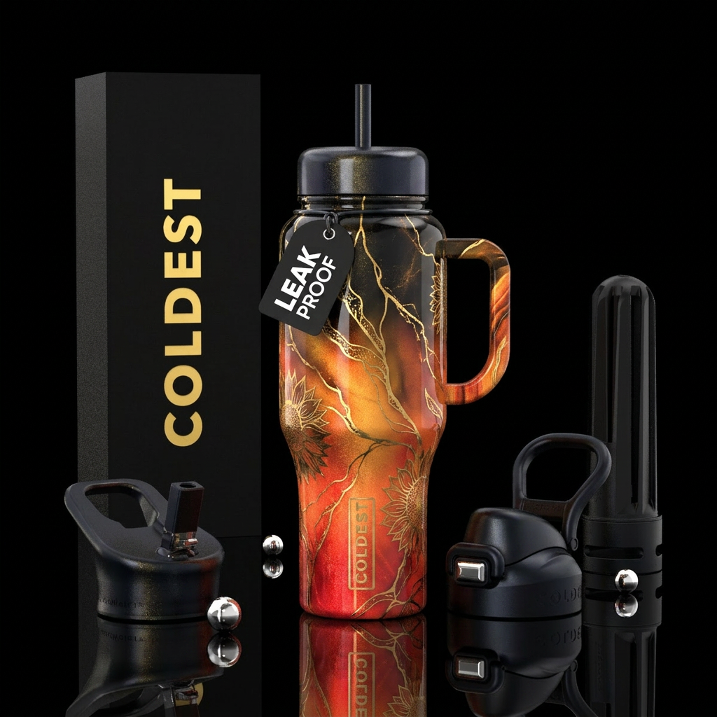 gradient, red, onyx, orange, gold veins,, sunflowe... water bottle design