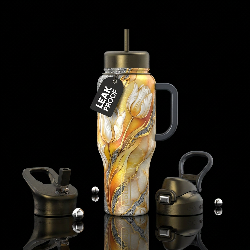 gradient, white tulips, yellow, onyx, orange, gold... water bottle design