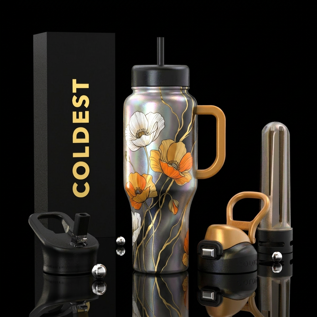 gradient, white poppies, butterscotch , onyx, oran... water bottle design