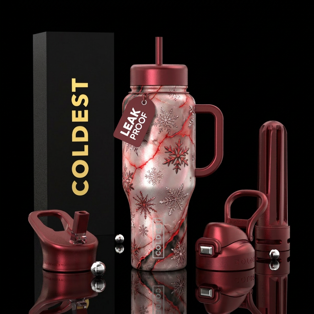 gradient, multi sized detail snowflakes falling fr... water bottle design