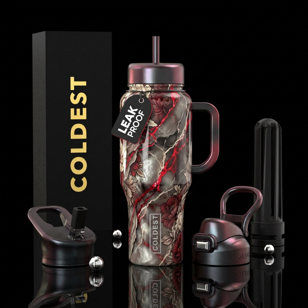 gradient, onyx, red, white ivory veins, floral, me... water bottle design